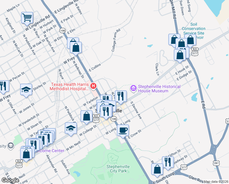 map of restaurants, bars, coffee shops, grocery stores, and more near 291 East Tarleton Street in Stephenville