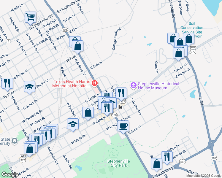 map of restaurants, bars, coffee shops, grocery stores, and more near 291 East Tarleton Street in Stephenville