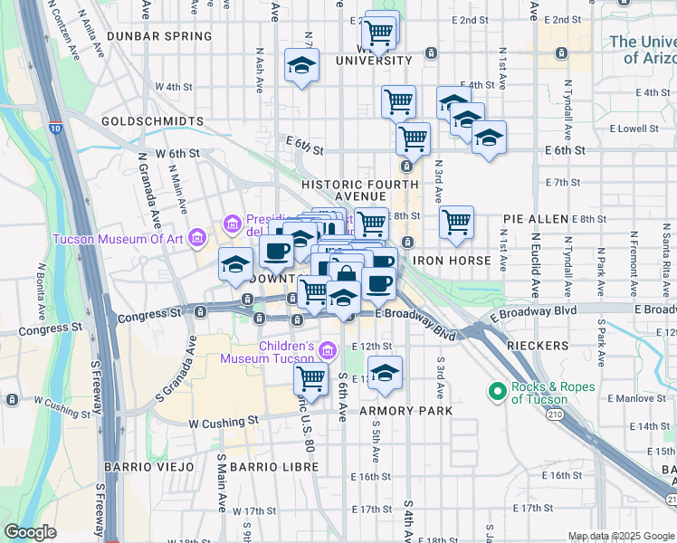 map of restaurants, bars, coffee shops, grocery stores, and more near 55 North 6th Avenue in Tucson