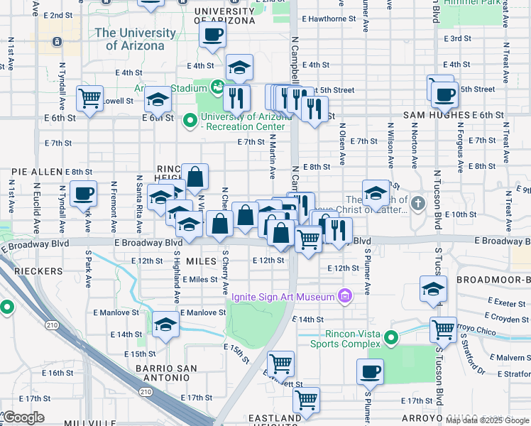map of restaurants, bars, coffee shops, grocery stores, and more near 124 North Warren Avenue in Tucson