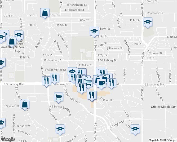 map of restaurants, bars, coffee shops, grocery stores, and more near 8632 East Appomattox Street in Tucson