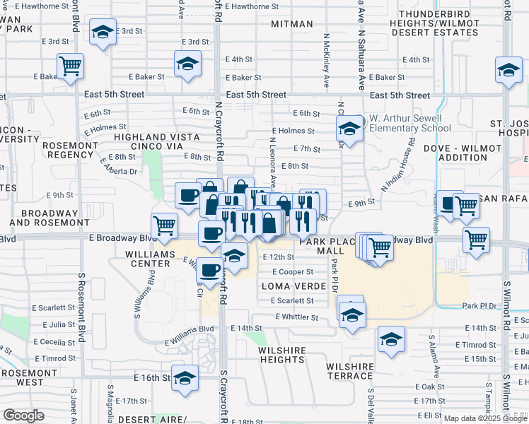 map of restaurants, bars, coffee shops, grocery stores, and more near 5615 East 10th Street in Tucson