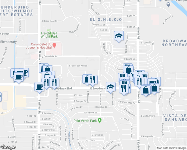 map of restaurants, bars, coffee shops, grocery stores, and more near 101 North Jessica Avenue in Tucson