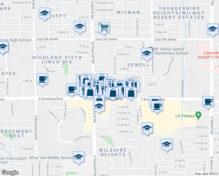 map of restaurants, bars, coffee shops, grocery stores, and more near 5615 East 10th Street in Tucson