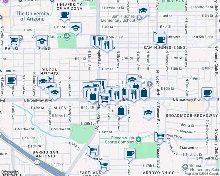 map of restaurants, bars, coffee shops, grocery stores, and more near 2027 East 10th Street in Tucson