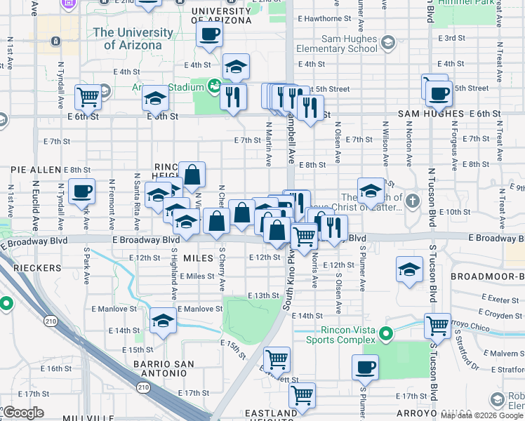 map of restaurants, bars, coffee shops, grocery stores, and more near 124 North Warren Avenue in Tucson