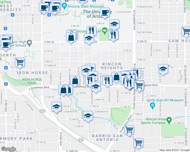 map of restaurants, bars, coffee shops, grocery stores, and more near 1401 East 10th Street in Tucson