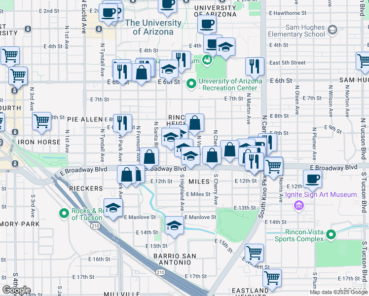 map of restaurants, bars, coffee shops, grocery stores, and more near 1401 East 10th Street in Tucson