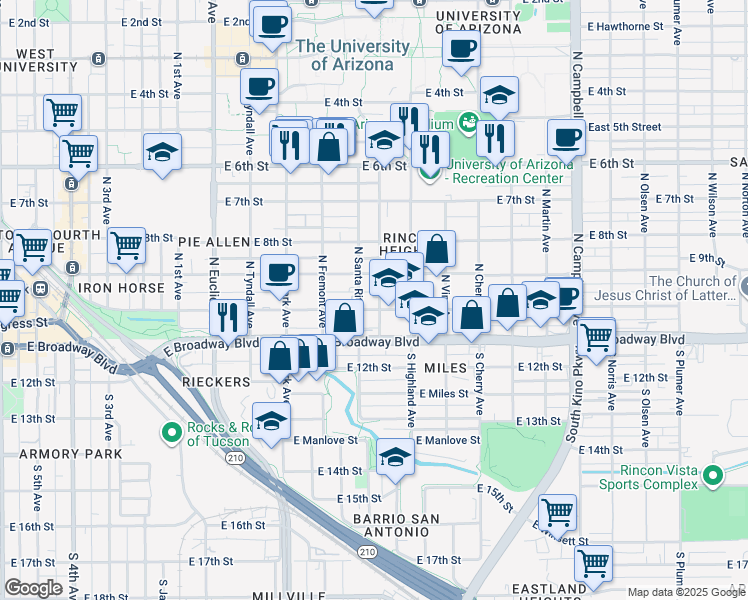 map of restaurants, bars, coffee shops, grocery stores, and more near 116 North Mountain Avenue in Tucson