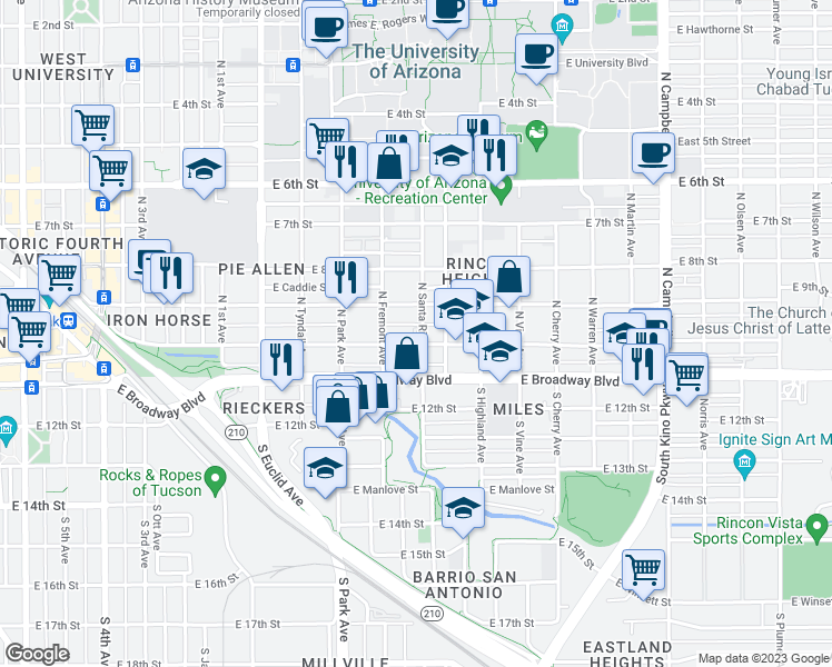 map of restaurants, bars, coffee shops, grocery stores, and more near 1147 East 10th Street in Tucson