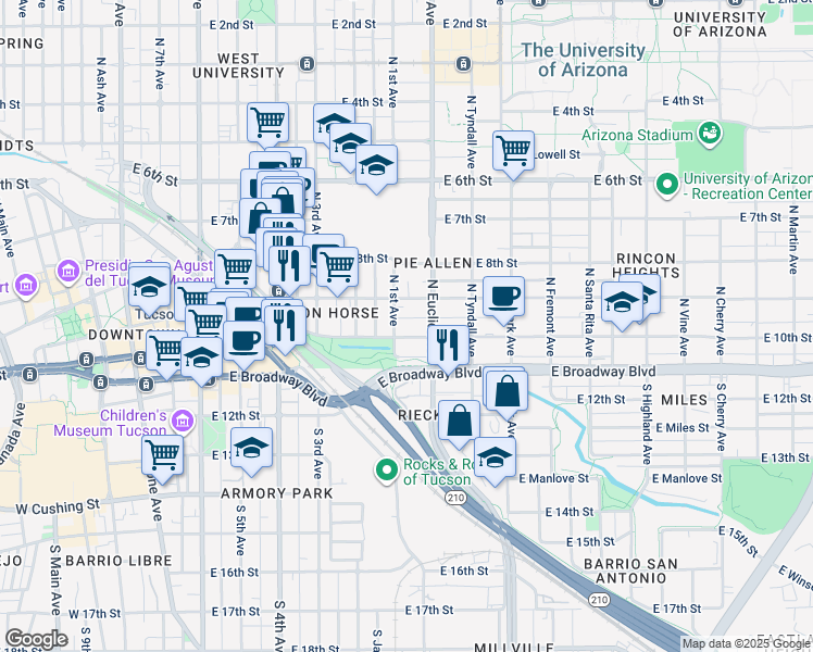 map of restaurants, bars, coffee shops, grocery stores, and more near in Tucson
