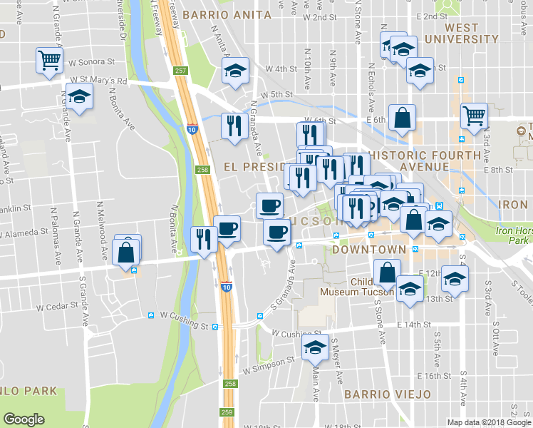 map of restaurants, bars, coffee shops, grocery stores, and more near 430 West Alameda Street in Tucson