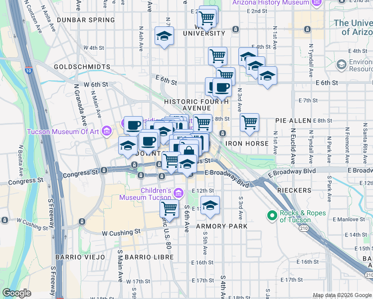 map of restaurants, bars, coffee shops, grocery stores, and more near 55 North 6th Avenue in Tucson