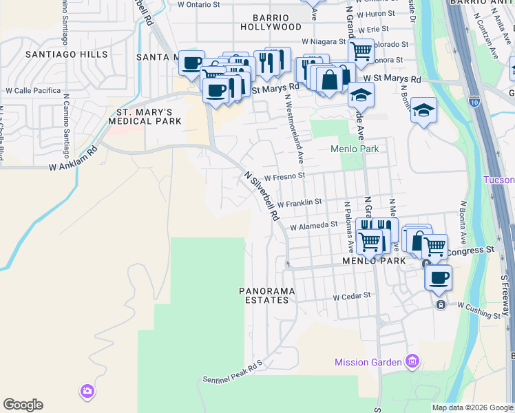 map of restaurants, bars, coffee shops, grocery stores, and more near 213 North Boulder Terrace in Tucson