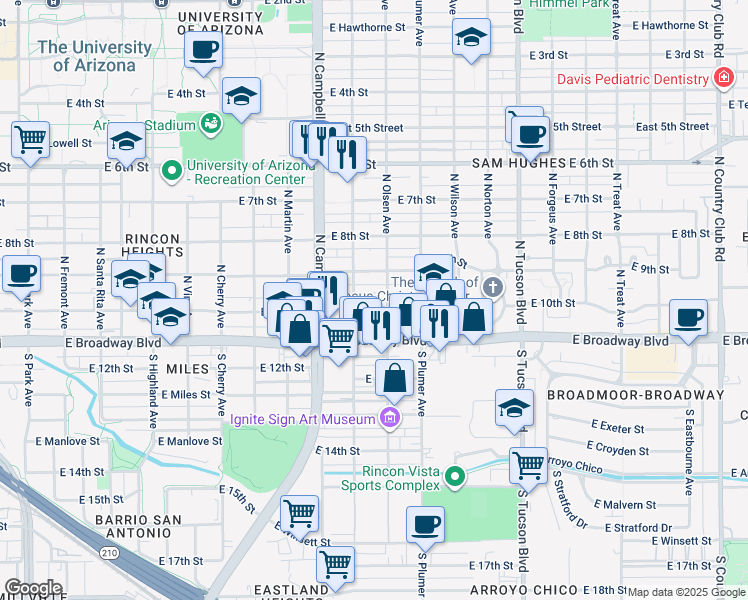 map of restaurants, bars, coffee shops, grocery stores, and more near 2027 East 10th Street in Tucson