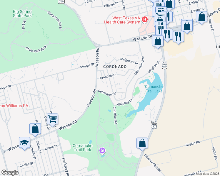 map of restaurants, bars, coffee shops, grocery stores, and more near 2800 Crestline Road in Big Spring