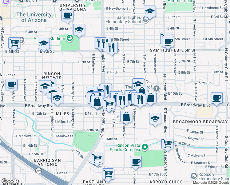 map of restaurants, bars, coffee shops, grocery stores, and more near 2027 East 10th Street in Tucson