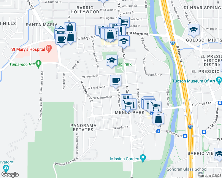map of restaurants, bars, coffee shops, grocery stores, and more near 136 North Melrose Avenue in Tucson