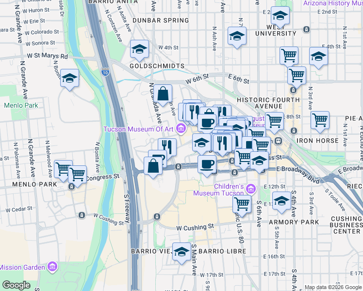map of restaurants, bars, coffee shops, grocery stores, and more near 1 N Main Ave in Tucson