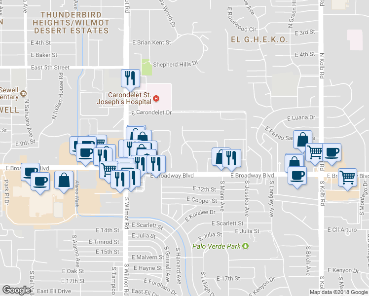map of restaurants, bars, coffee shops, grocery stores, and more near 78 North Placita Del Saco in Tucson