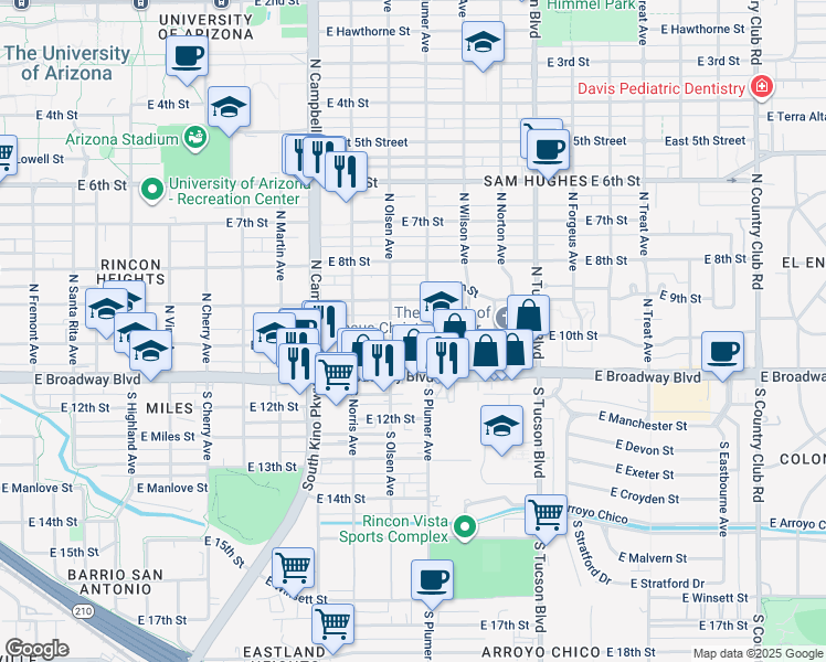 map of restaurants, bars, coffee shops, grocery stores, and more near 2135 East 10th Street in Tucson
