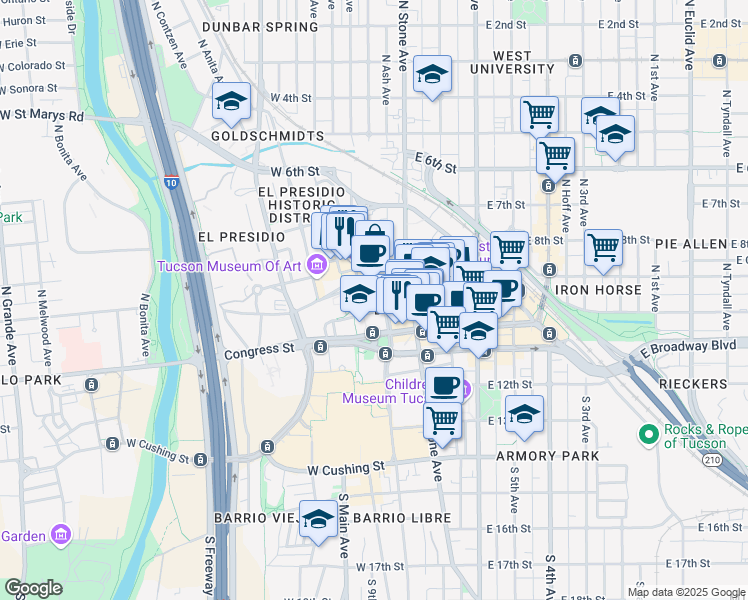 map of restaurants, bars, coffee shops, grocery stores, and more near 115 North Church Avenue in Tucson