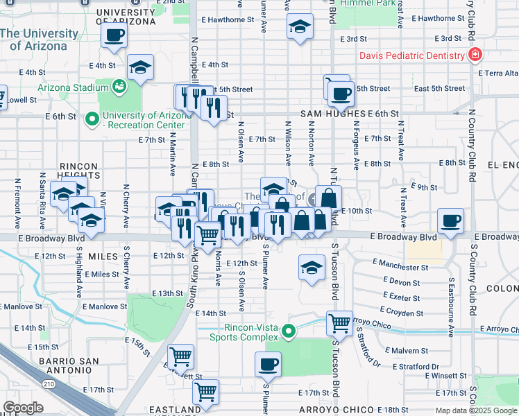 map of restaurants, bars, coffee shops, grocery stores, and more near 2135 East 10th Street in Tucson