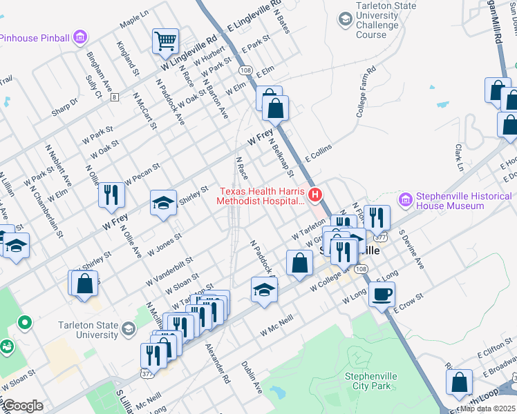 map of restaurants, bars, coffee shops, grocery stores, and more near 634 North Race in Stephenville