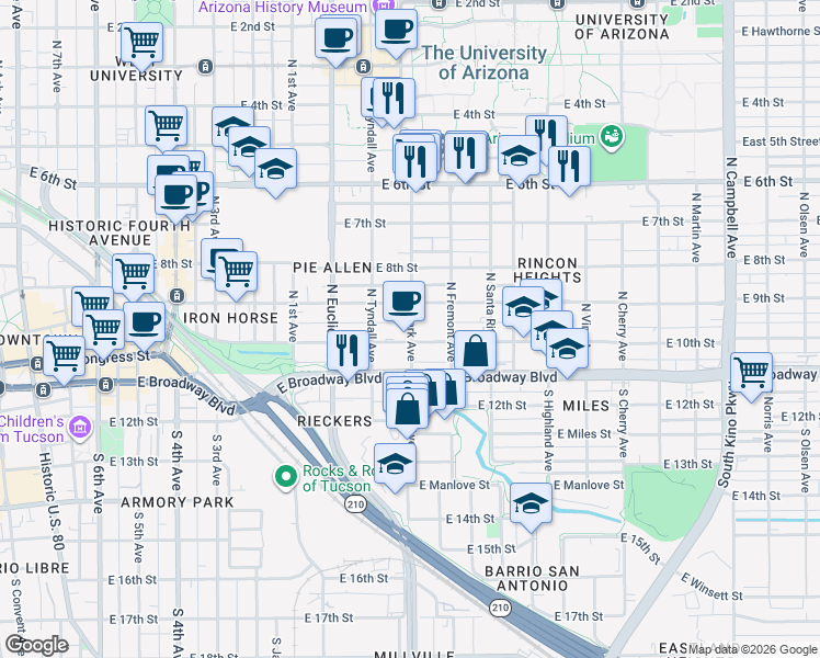 map of restaurants, bars, coffee shops, grocery stores, and more near 111 North Park Avenue in Tucson