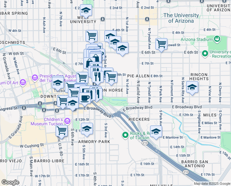 map of restaurants, bars, coffee shops, grocery stores, and more near 116 North 2nd Avenue in Tucson