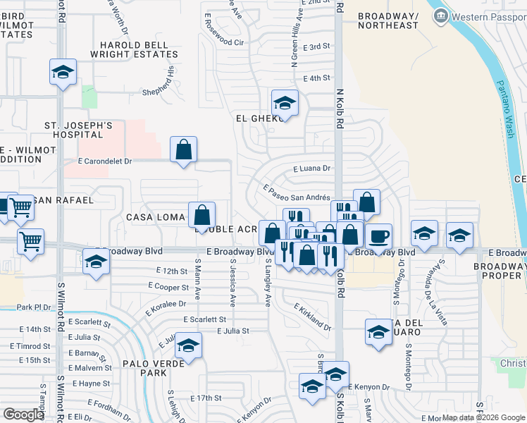 map of restaurants, bars, coffee shops, grocery stores, and more near 122 North Langley Avenue in Tucson