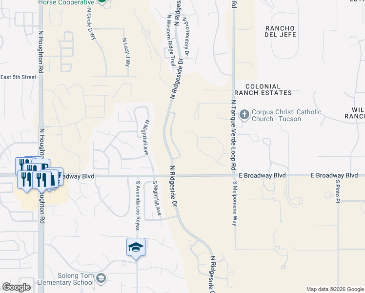 map of restaurants, bars, coffee shops, grocery stores, and more near 150 North Eastern Slope Loop in Tucson