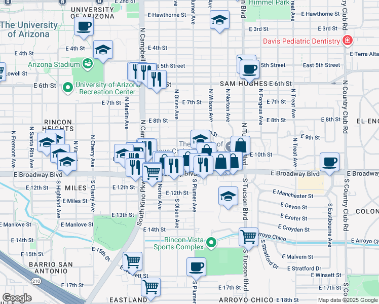 map of restaurants, bars, coffee shops, grocery stores, and more near 2135 East 10th Street in Tucson