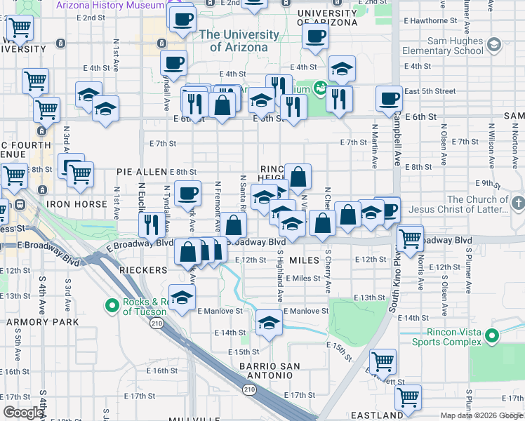 map of restaurants, bars, coffee shops, grocery stores, and more near 116 North Mountain Avenue in Tucson