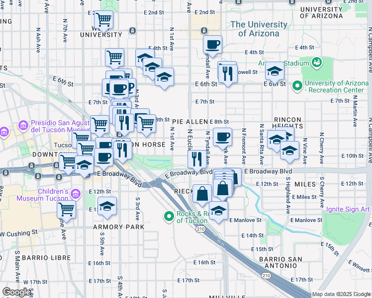 map of restaurants, bars, coffee shops, grocery stores, and more near 128 North Euclid Avenue in Tucson
