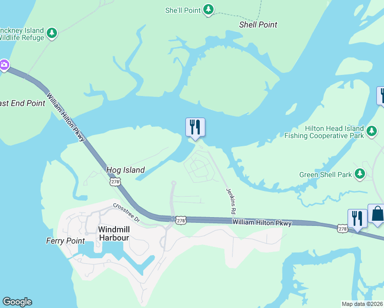 map of restaurants, bars, coffee shops, grocery stores, and more near 43 Jenkins Road in Hilton Head Island