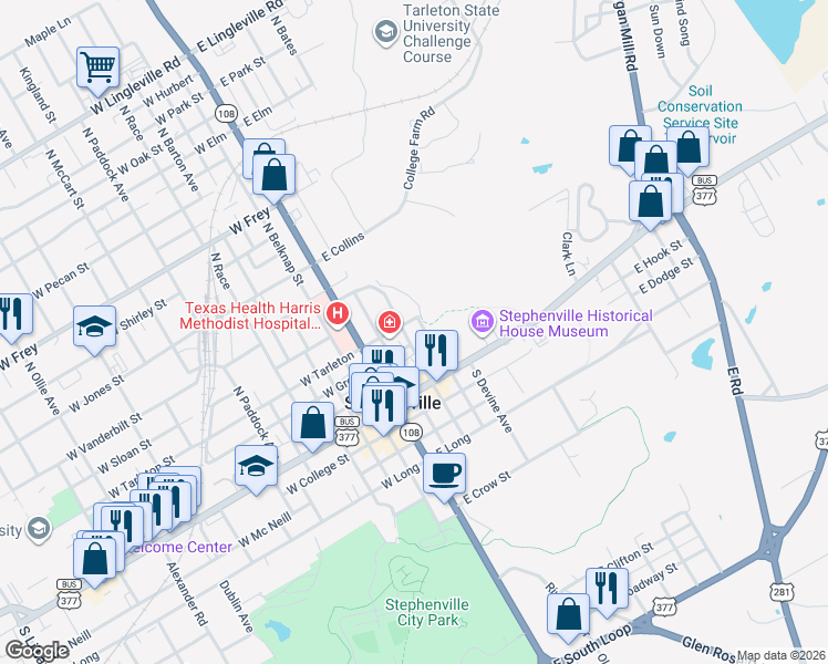 map of restaurants, bars, coffee shops, grocery stores, and more near 291 East Tarleton Street in Stephenville