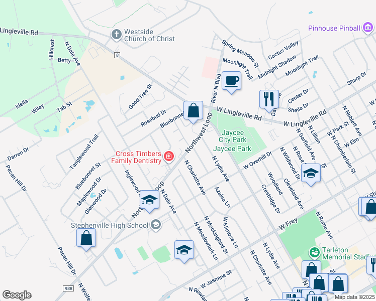 map of restaurants, bars, coffee shops, grocery stores, and more near 2269 Northwest Loop in Stephenville
