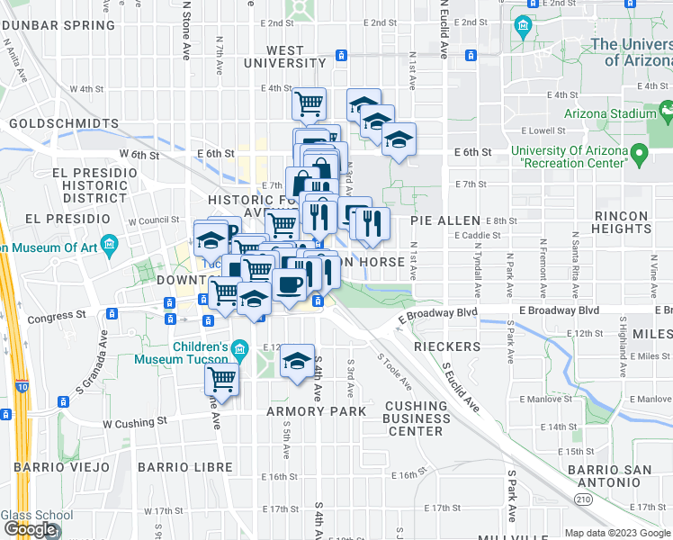 map of restaurants, bars, coffee shops, grocery stores, and more near 135 East 10th Street in Tucson