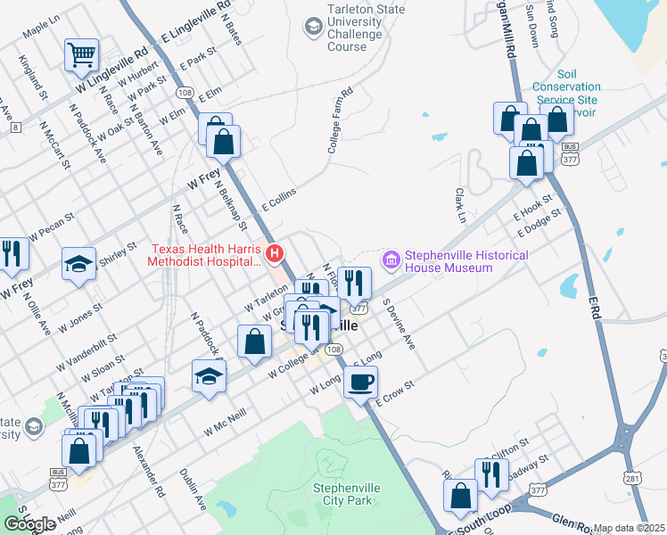 map of restaurants, bars, coffee shops, grocery stores, and more near 291 East Tarleton Street in Stephenville