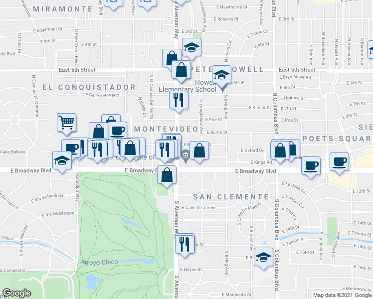 map of restaurants, bars, coffee shops, grocery stores, and more near 60 North Alvernon Way in Tucson
