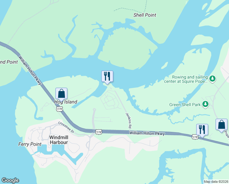 map of restaurants, bars, coffee shops, grocery stores, and more near 43 Jenkins Island Road in Hilton Head Island