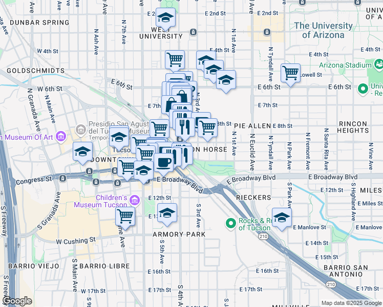 map of restaurants, bars, coffee shops, grocery stores, and more near in Tucson