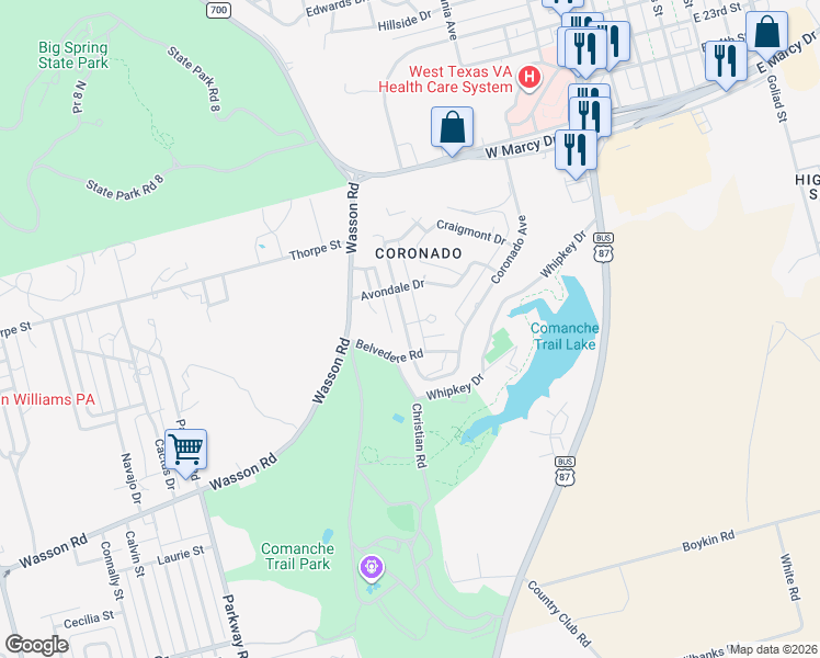 map of restaurants, bars, coffee shops, grocery stores, and more near 2800-2808 Crestline Road in Big Spring