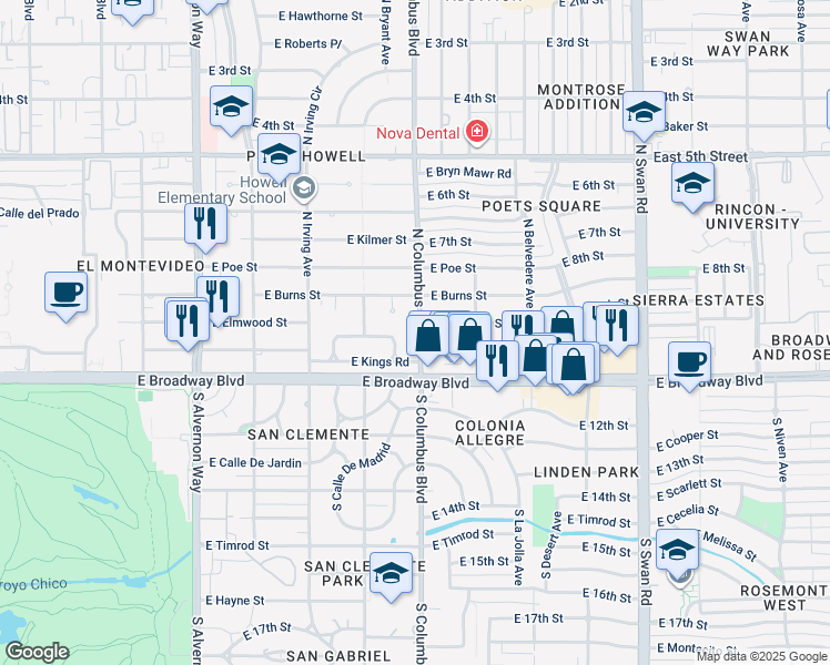 map of restaurants, bars, coffee shops, grocery stores, and more near 37 North Columbus Boulevard in Tucson
