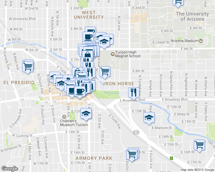 map of restaurants, bars, coffee shops, grocery stores, and more near 117 North 2nd Avenue in Tucson