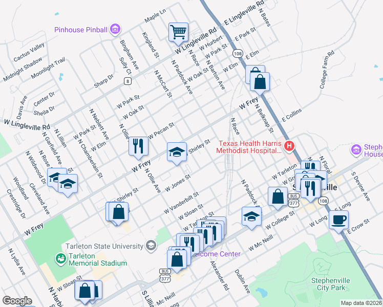 map of restaurants, bars, coffee shops, grocery stores, and more near 791 North Stephen Avenue in Stephenville