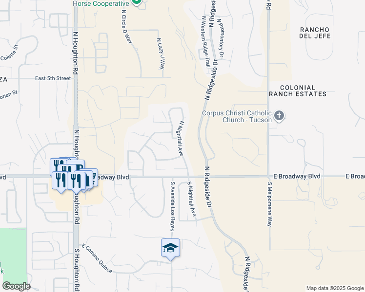 map of restaurants, bars, coffee shops, grocery stores, and more near 180 North Nightfall Avenue in Tucson