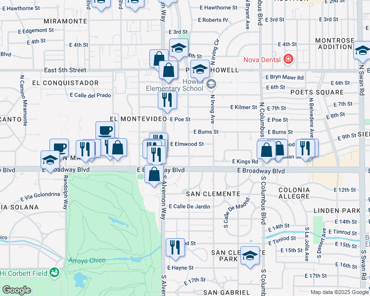 map of restaurants, bars, coffee shops, grocery stores, and more near 4008 East Elmwood Street in Tucson