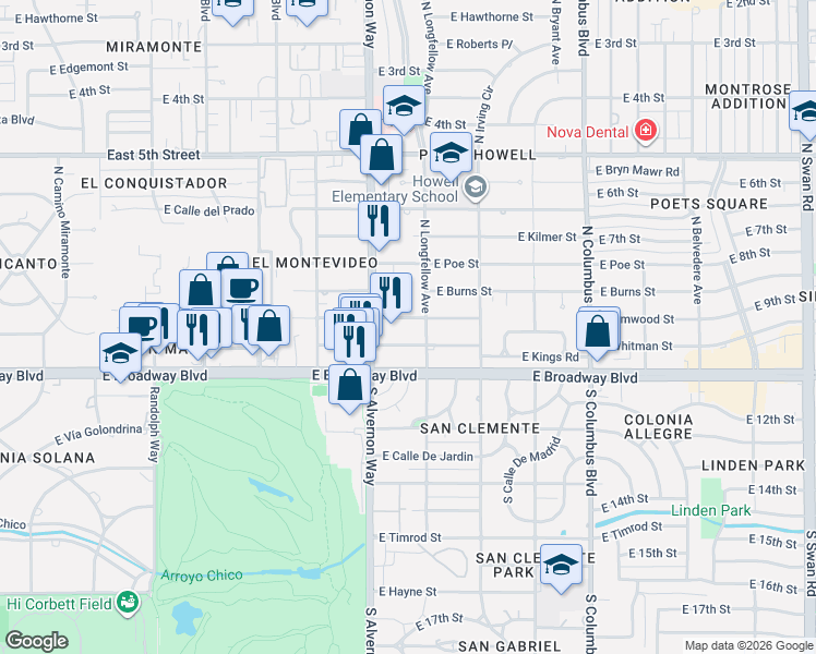 map of restaurants, bars, coffee shops, grocery stores, and more near 60 North Alvernon Way in Tucson